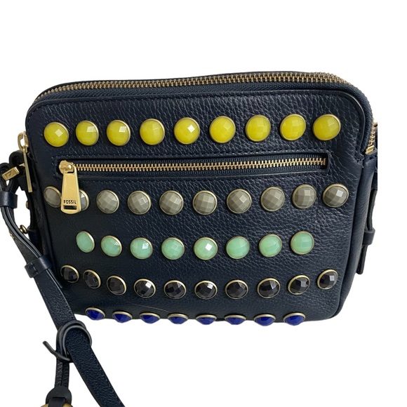Fossil Handbags - Fossil Piper Gem Crossbody Bag Toaster Double Top Zip Slate Blue Faux Gems